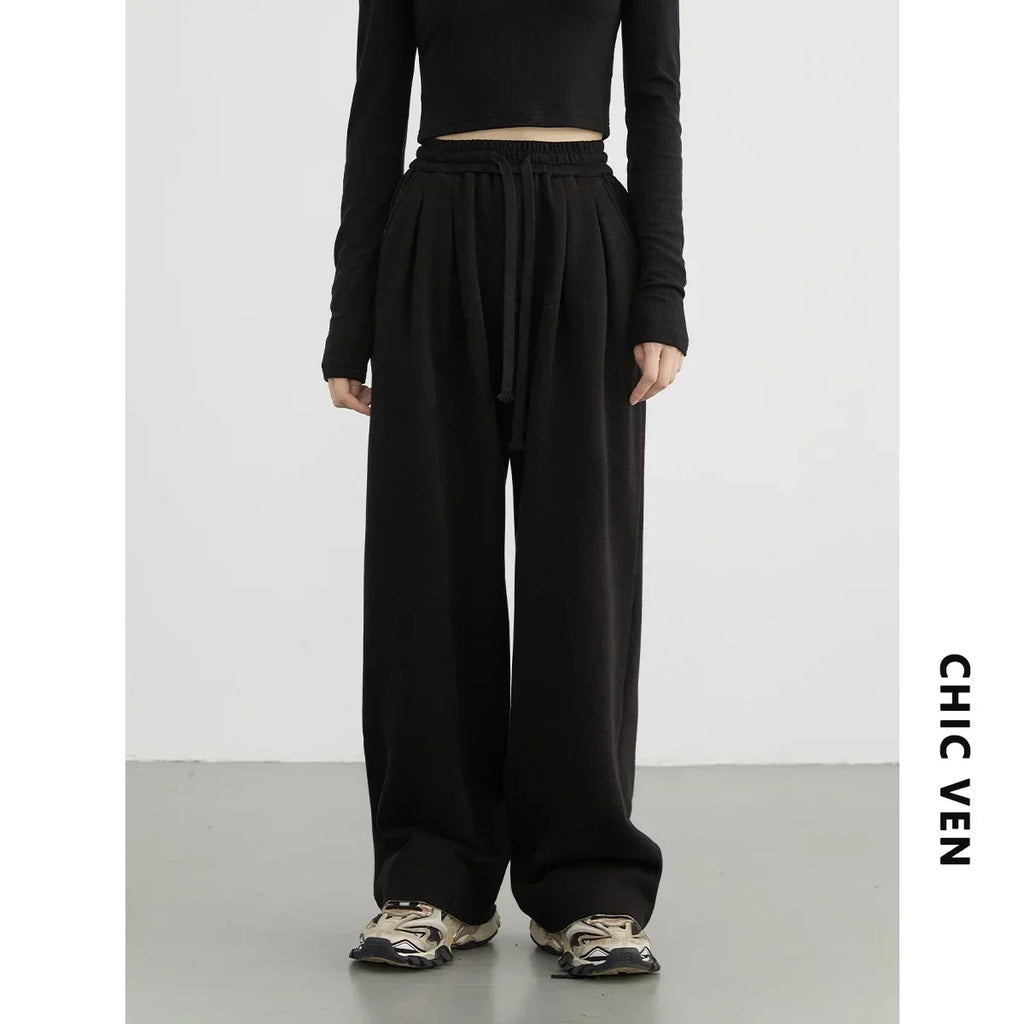 CHIC VEN Women's Pant Streetwear Solid Loose New Drawstring Sports Casual Trousers High Waisted Pants Autumn Winter 2026