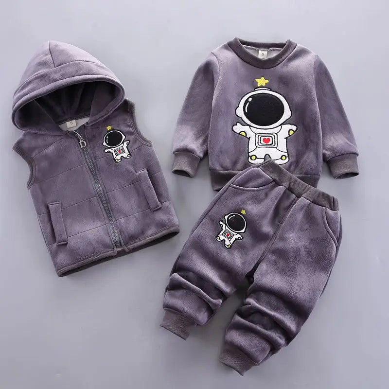 2026 New Baby Boys Girls Christmas Cartoon Winter Hooded Plush Warm Vest Coat+Sweatshirt+Pants 3Pcs Infant Children Sports Suit