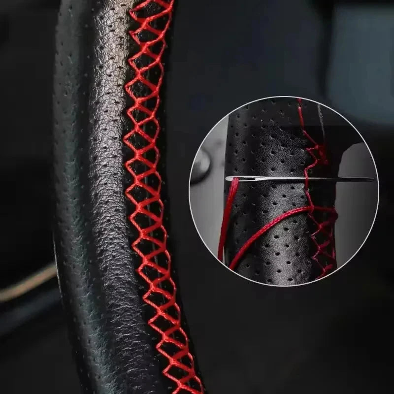 Universal Leather car steering wheel stitched on cover to fit 38cm 14 "DIY sewn breathable and non-slip black