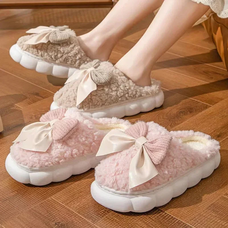 Winter Warm Fur Slippers for Women Cute bow House Non Slip Soft Shoes Comfort Flat Heel Home Indoor Bedroom Plush Slippers