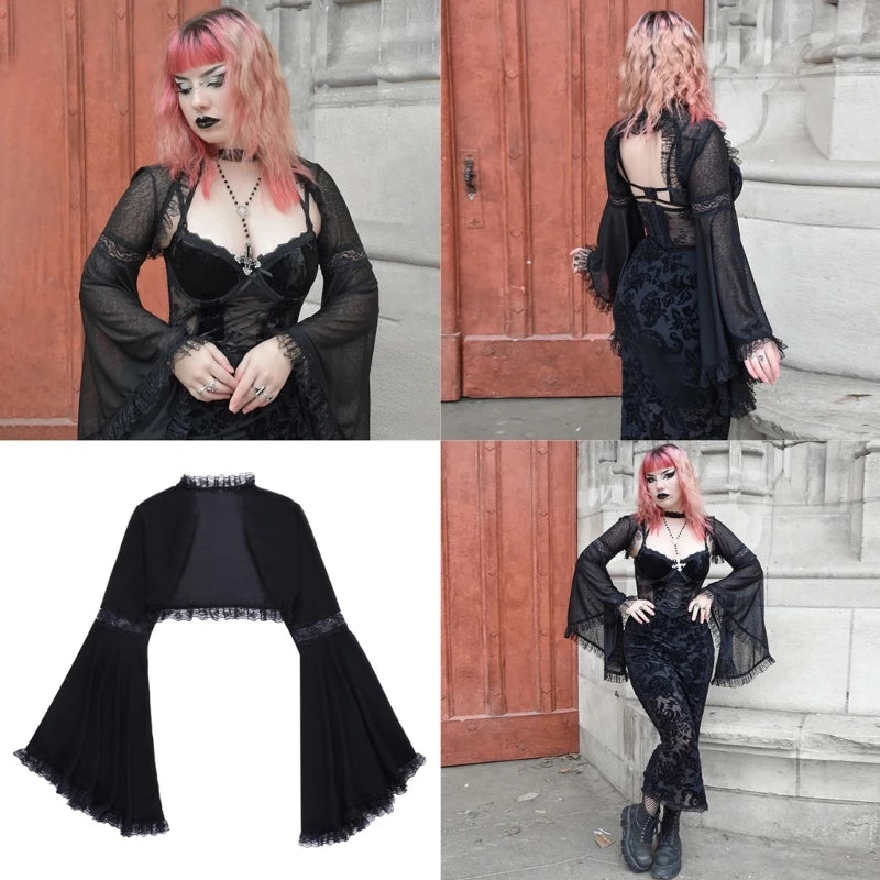 Gothic Lace Long Sleeve Victorian Half Shirt Crop Top Vintage T Shirt for Women