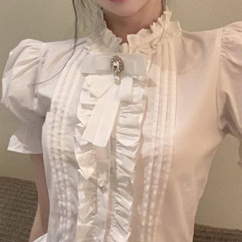 Puff Sleeve Shirts Women White Ruffles Elegant Summer Vintage Office Lady Aesthetic Mature Sweet Minority Sexy Clothing Daily