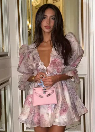 Elegant Pink Floral Printed Mini Vestido Women Chic Chiffon Full Sleeve Off Shoulder Layered Irregular Dress 2026 New Party Wear