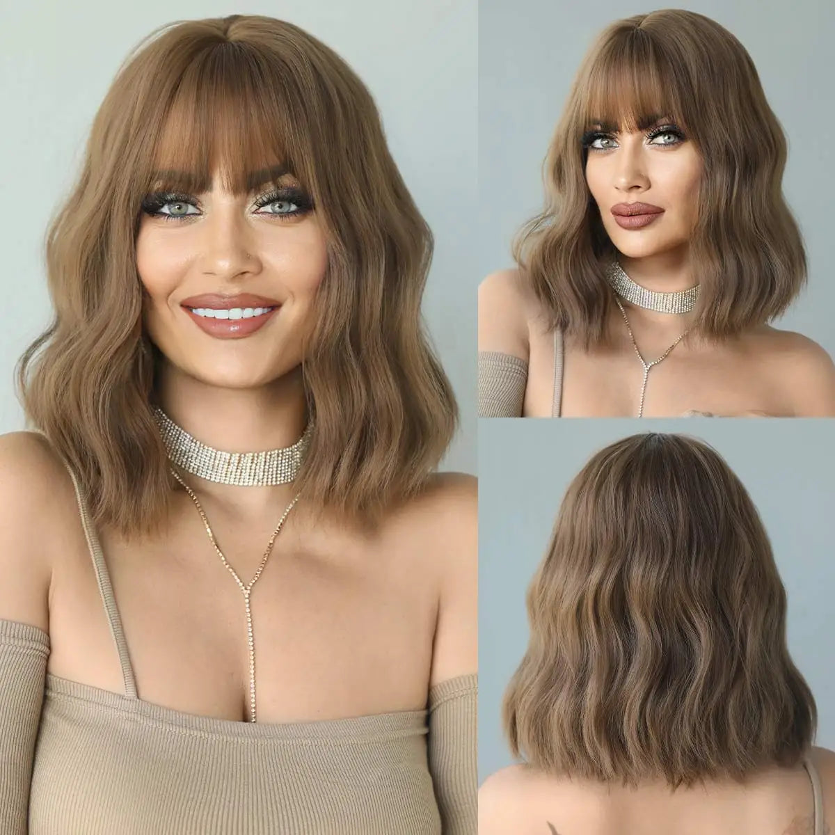 7JHH WIGS Short Bob Wig Ombre Blonde Wig for Women Daily Party Natural Synthetic Hair Wig with Bangs Heat Resistant Fiber