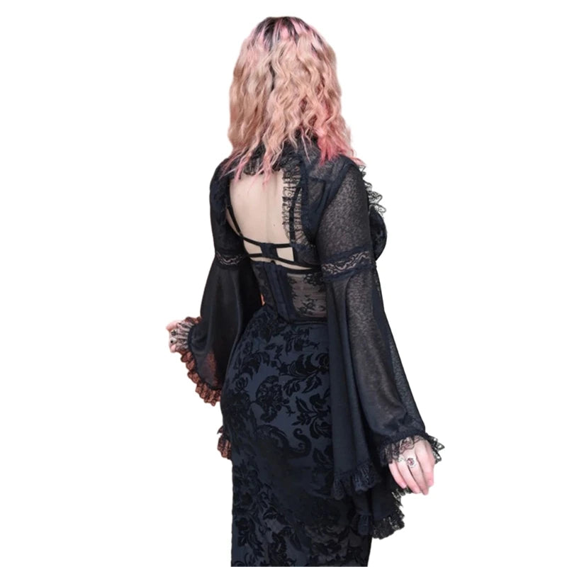Gothic Lace Long Sleeve Victorian Half Shirt Crop Top Vintage T Shirt for Women