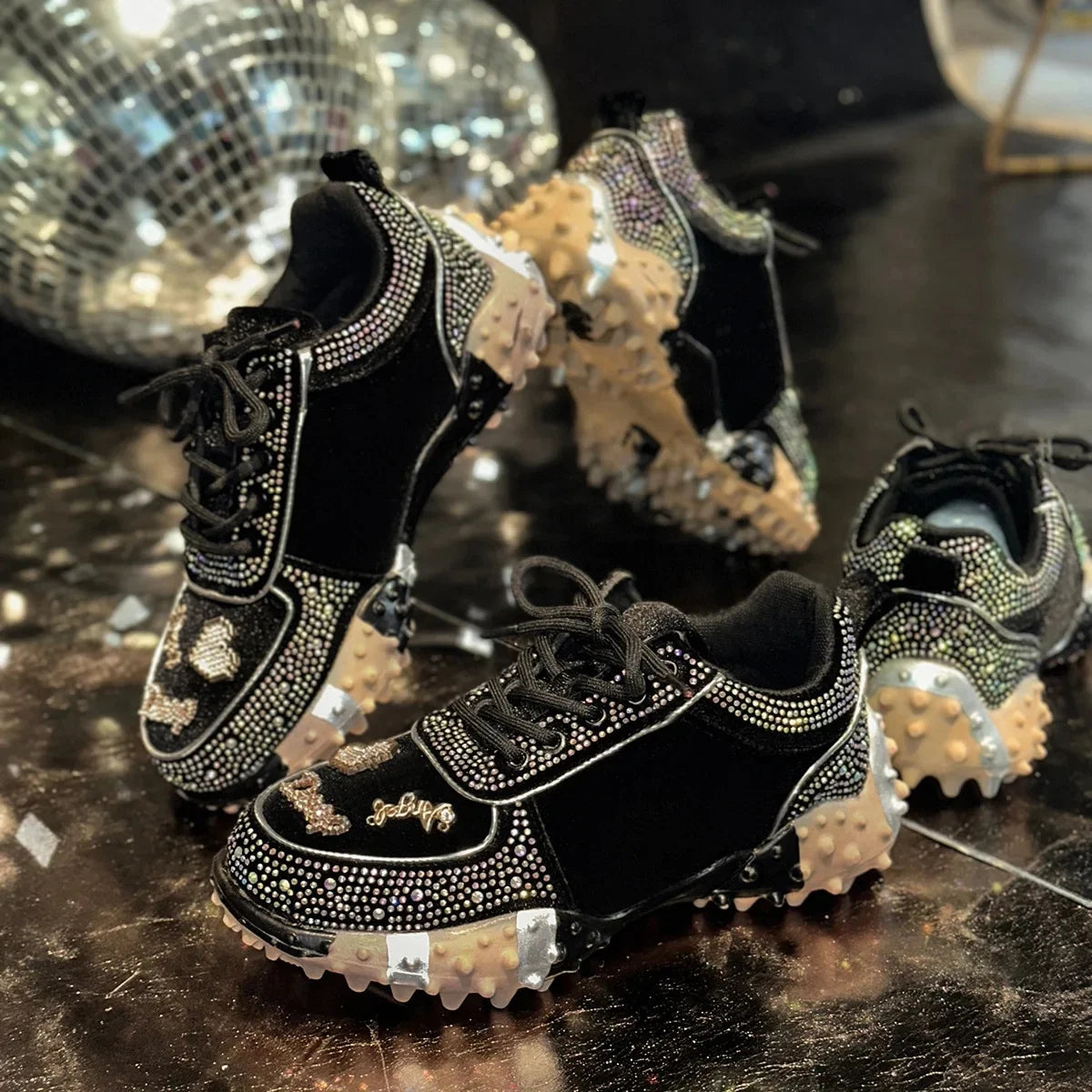 Fashionable Crystal Sporty Casual Dad Shoes for Women New Style Cross-Border Durian Sole Embellished Single Shoes Leisure