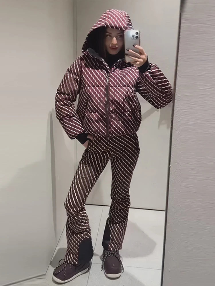Fashion Pink Ski Suit Set Women Winter Hooded Zipper Pockets Padded Jacket Pants Suit Lady New Casual Holiday Warm Outwear 2026