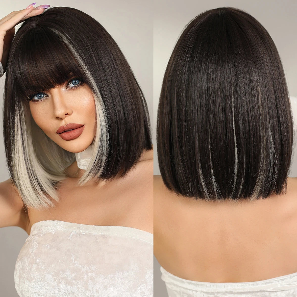 7JHH WIGS Short Bob Wig Ombre Blonde Wig for Women Daily Party Natural Synthetic Hair Wig with Bangs Heat Resistant Fiber