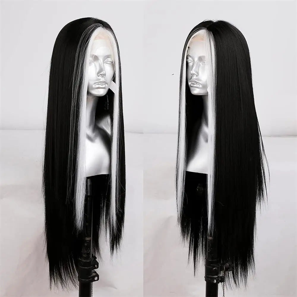 RONGDUOYI Mix Black Wig Synthetic Lace Front Wig For Women Highlights Black/White Hair Long Body Wave Natural Cosplay Daily Wear