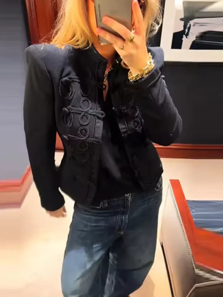 Women Chic Denim Military Jacket Casual Solid Stand Collar Single Breasted Napoleon Jackets 2026 New Lady Daily Street Outerwear