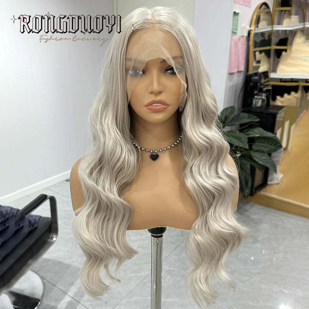 Light Grey Body Wave Wig Synthetic Hair Long Deep Wave Grey Wigs for Women Frontal Lace Wig Ready to Wear Cosplay Light Grey Wig