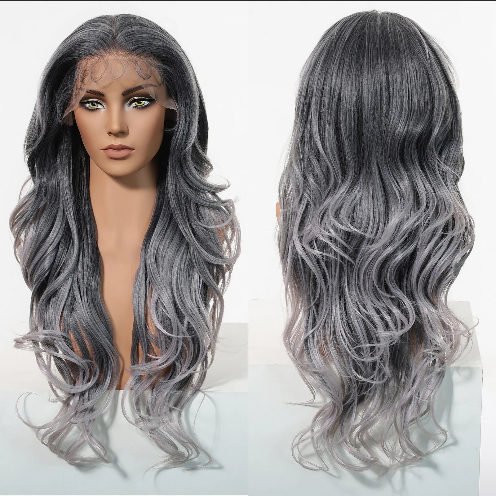 Gray White Highlight Synthetic Wigs 13*6 Transparent Swiss Lace Frontal Wigs Body Wave Long Curly Wigs for Women Elder Mommy Wig