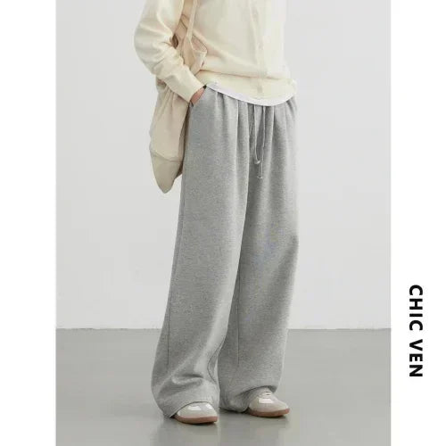 CHIC VEN Women's Pant Streetwear Solid Loose New Drawstring Sports Casual Trousers High Waisted Pants Autumn Winter 2026