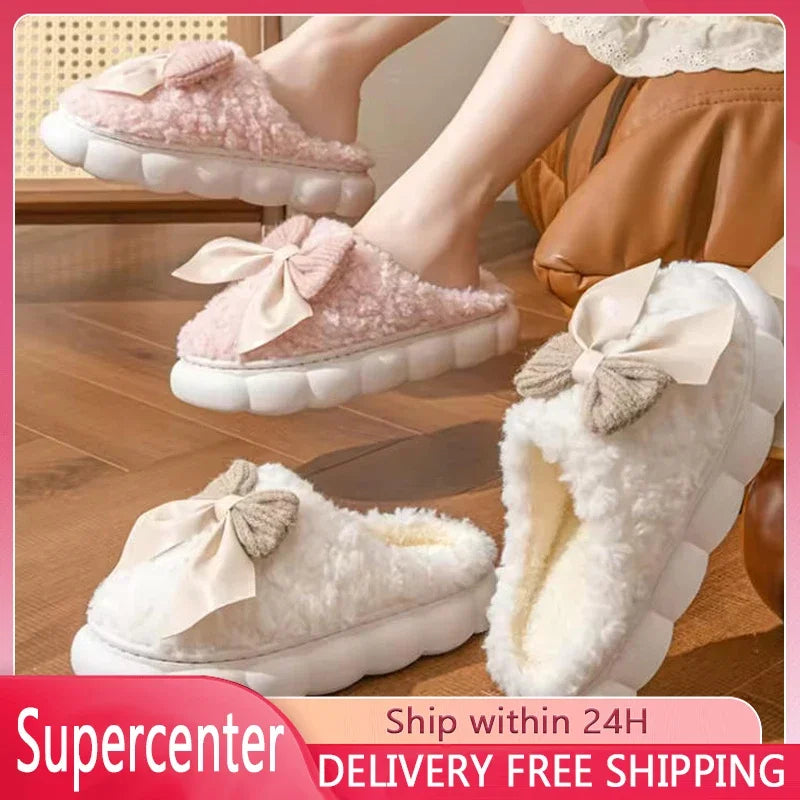Winter Warm Fur Slippers for Women Cute bow House Non Slip Soft Shoes Comfort Flat Heel Home Indoor Bedroom Plush Slippers