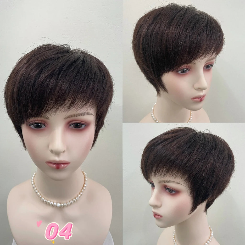 Short Pixie Cut Bob Wig Human Hair Hand Tied Silk Top Full Lace Wig Silk Base Scalp Wig with Bangs Medical Wigs for Women