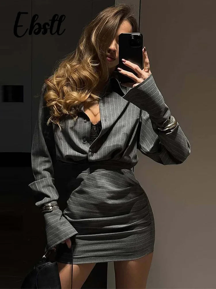 Elegant Striped Shirt Skirts Set Women's Slim Single Breasted Blouse Hip Package Short Skirt 2026 Spring New Female Chic Outfits