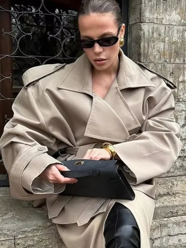 Women Lace Up Loose Trench Coat Fashion Long Sleeves Lapel Wide Shoulder Oversized Windbreaker Lady Commute Street Outerwear