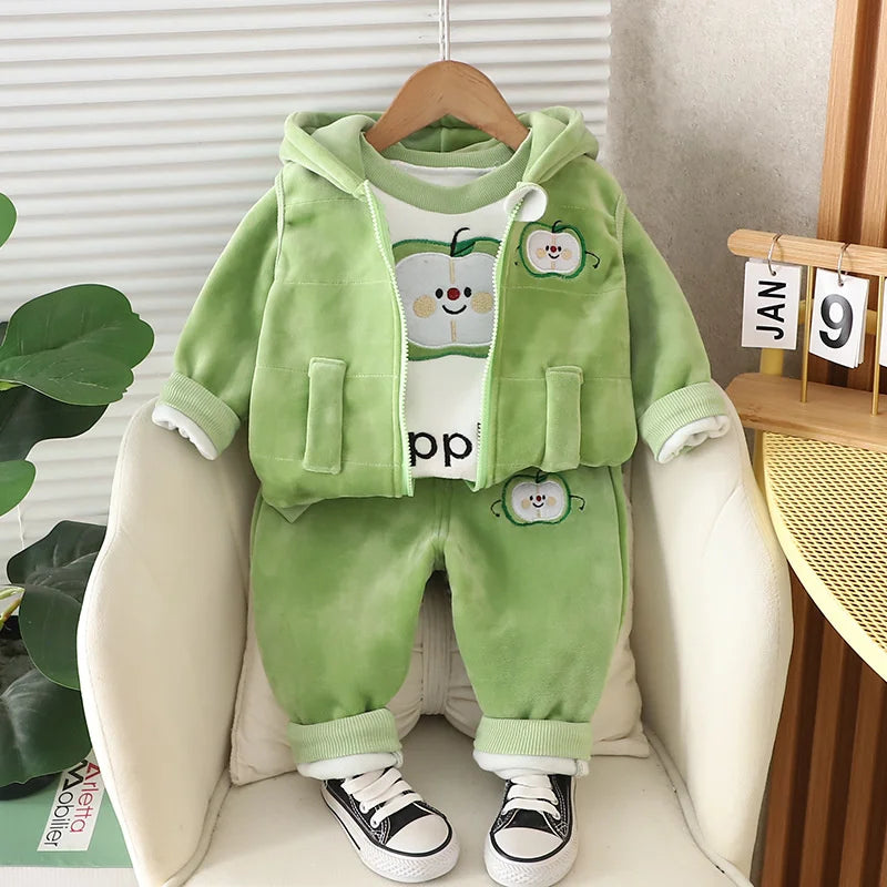 Children Warm Clothing Sets Winter Plus Velvet Thick 3Pcs Outfits Cartoon Bear Baby Boys Girls Sport Tracksuit Suits 1-4 Years