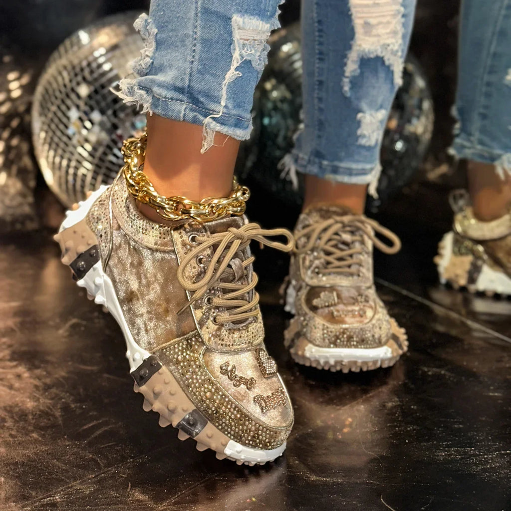 Fashionable Crystal Sporty Casual Dad Shoes for Women New Style Cross-Border Durian Sole Embellished Single Shoes Leisure