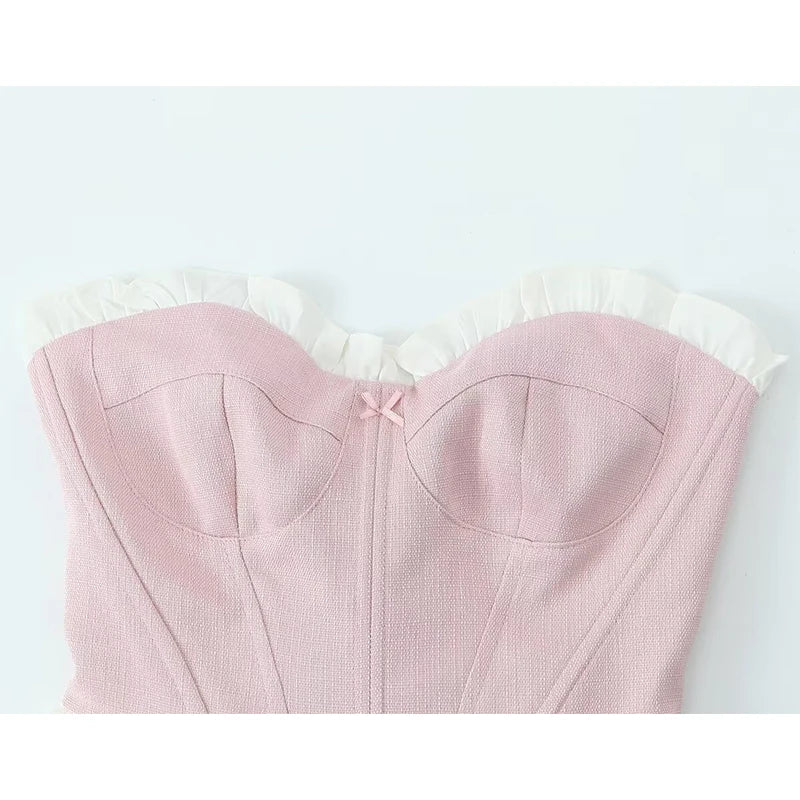 YENKYE Sexy Women Sweet Patchwork Fish Bone Slim Fit Strapless Top Chic Party Summer Crop Top