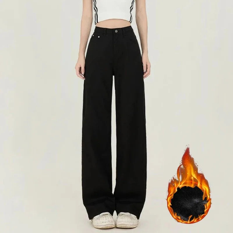 Winter Korean Fleece Thermal Straight Women's Jeans Girls Snow Warm Casual High Waist Denim Pants Lady Daily Loose Leg Trousers