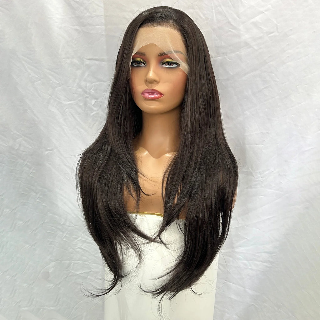 Dark Brown Long Layered Wavy Wigs for Women Free Part Natural Black Curly Synthetic 13X4 Lace Frontal Brunette Wig Daily Party