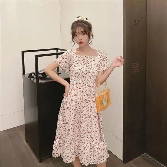 2026 New Spring Summer Dress Women Mini Dresses Female Short Sleeve Elastic Bust Printed Floral Pleated Backless Casual Dress