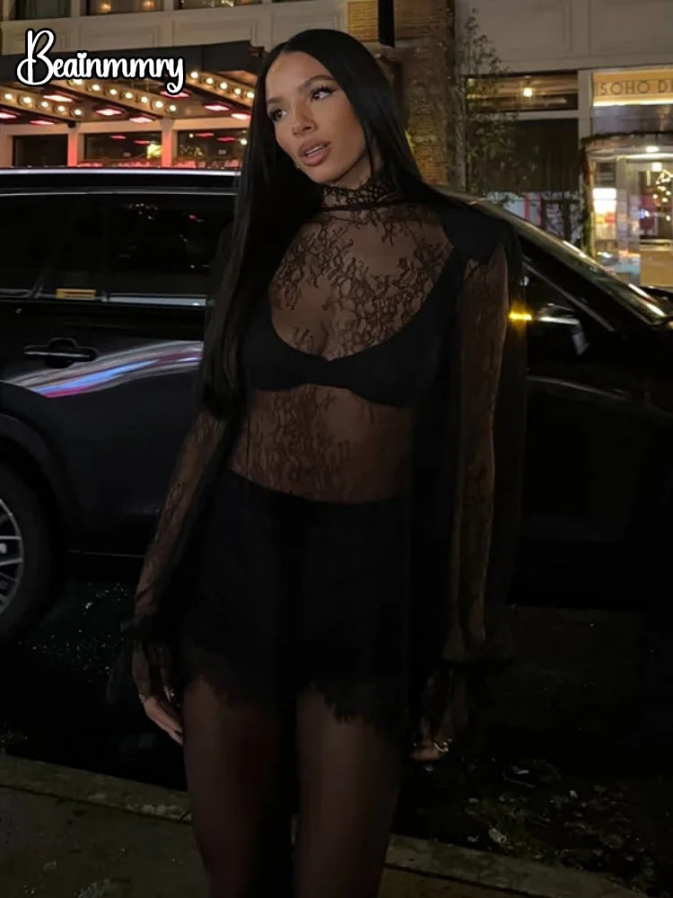 Chic Black Lace See Through Top Lady Fashion Half-high Collar Full Sleeve Cropped Blouse 2026 Spring Women Party Street Outwear