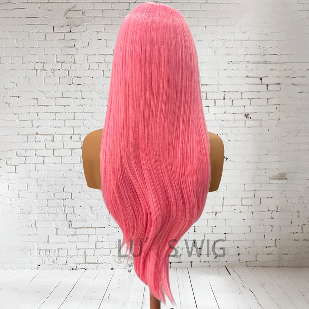 Pink Wig Long Layered Wig Synthetic Hair Long Natural Straight Layered Lace Wigs for Women Synthetic Frontal Lace Wig Daily Wear