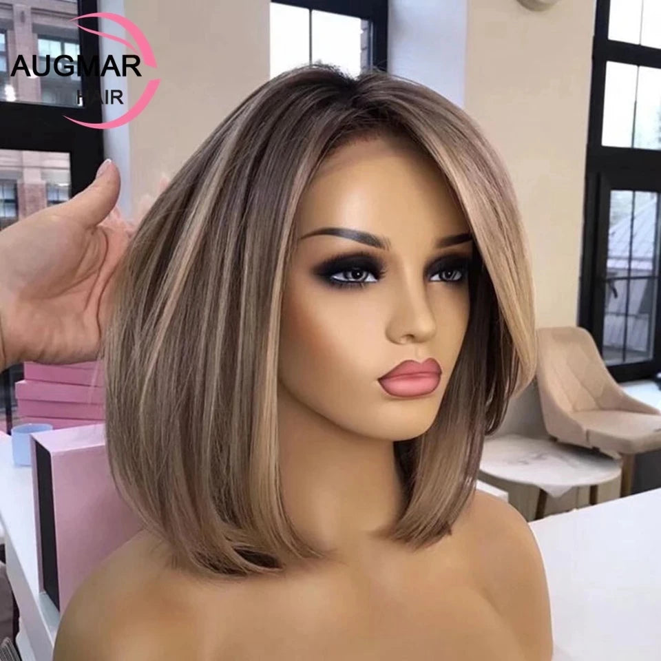 13x4 Brown Bob Wig Lace Front Human Hair Wigs Short Straight 360 13x6 HD Lace Frontal Wig Ash Blonde Highlight Wig Human Hair