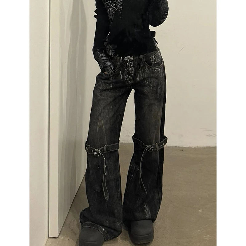 Black Women's Jeans High Waist Hip Hop Straight Fashion Pants Streetwear Harajuku Y2K Star 2026 Female Wide Leg Denim Trouser