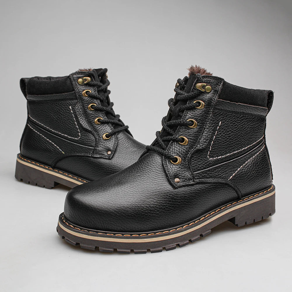Men Winter Boots Genuine leather Warm Full Grain Leather Men Winter Shoes