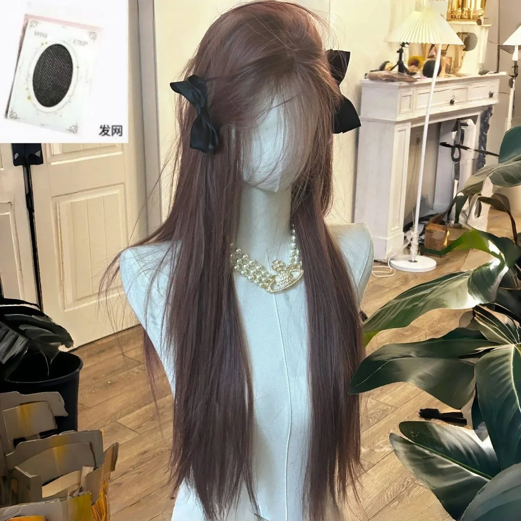 Lace Front Synthetic Wigs Pink Brown Wig Long Straight Lolita Wig Female Cosplay Heat Resistant Wig for Daily Use 가발