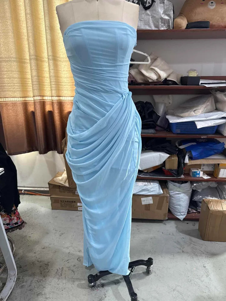 Butter Yellow Mesh Splicing Long Dress Elegant Strapless Split Backless Pleated Gowns For Women 2026 Lady Evening Party Gowns