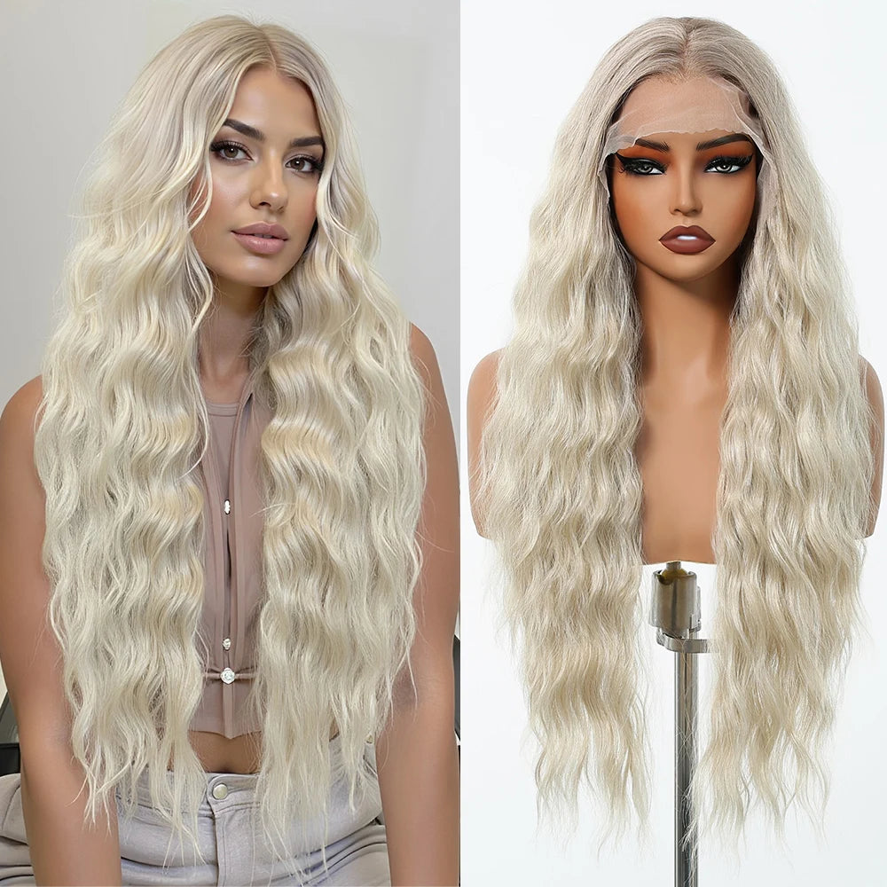 Gray White Highlight Synthetic Wigs 13*6 Transparent Swiss Lace Frontal Wigs Body Wave Long Curly Wigs for Women Elder Mommy Wig