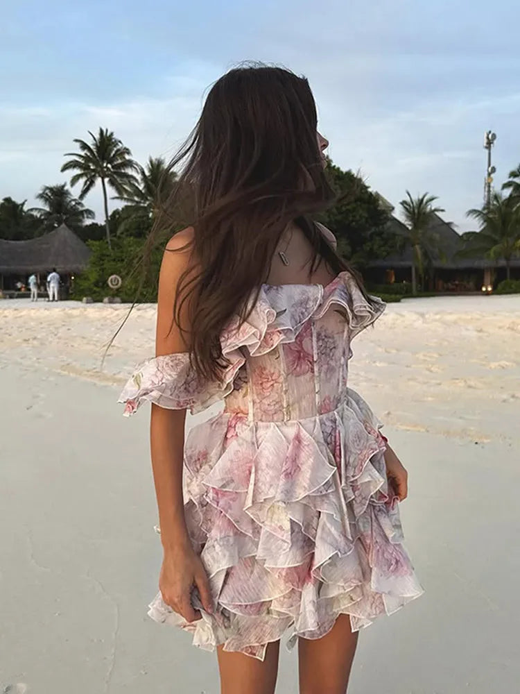 Elegant Pink Floral Printed Mini Vestido Women Chic Chiffon Full Sleeve Off Shoulder Layered Irregular Dress 2026 New Party Wear
