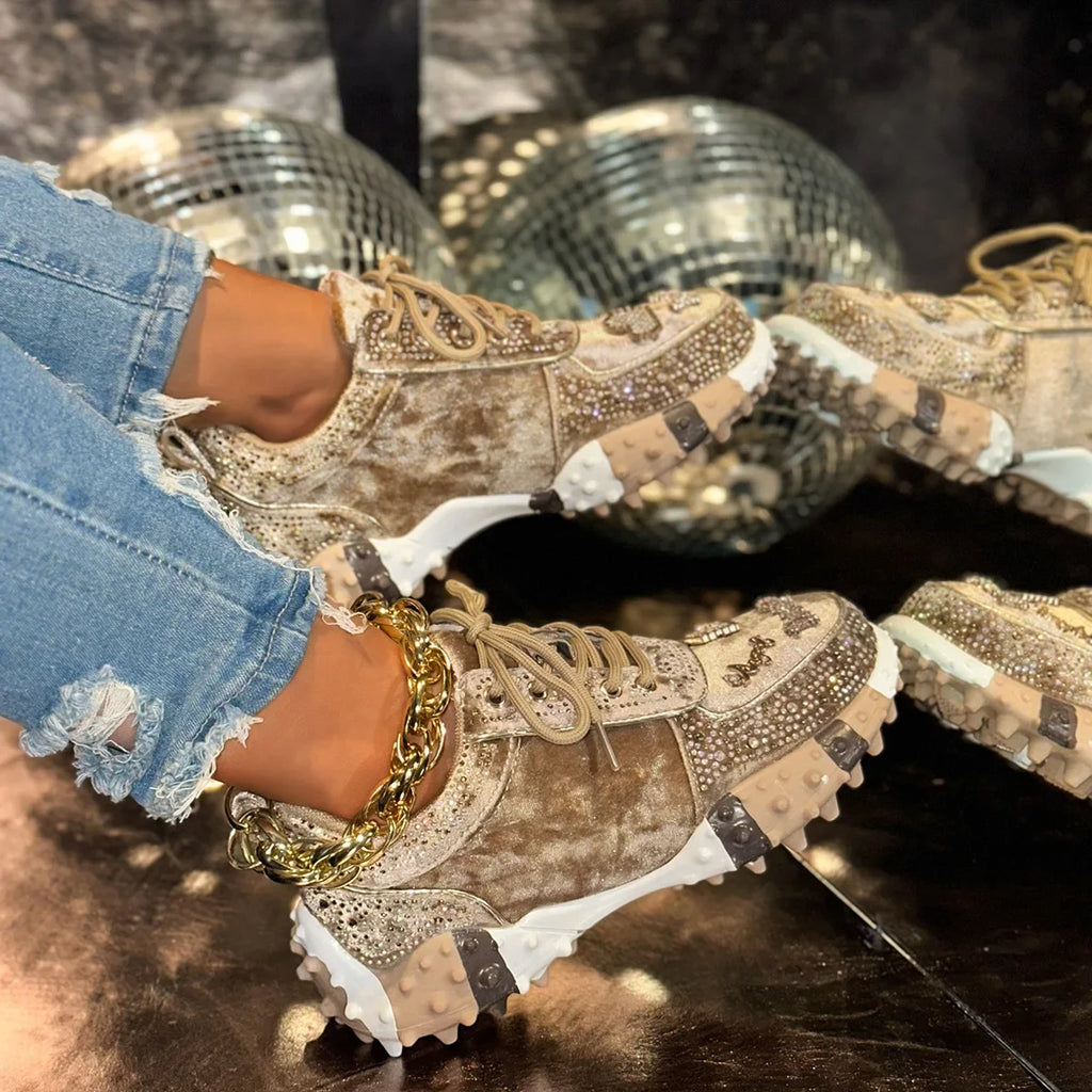 Fashionable Crystal Sporty Casual Dad Shoes for Women New Style Cross-Border Durian Sole Embellished Single Shoes Leisure