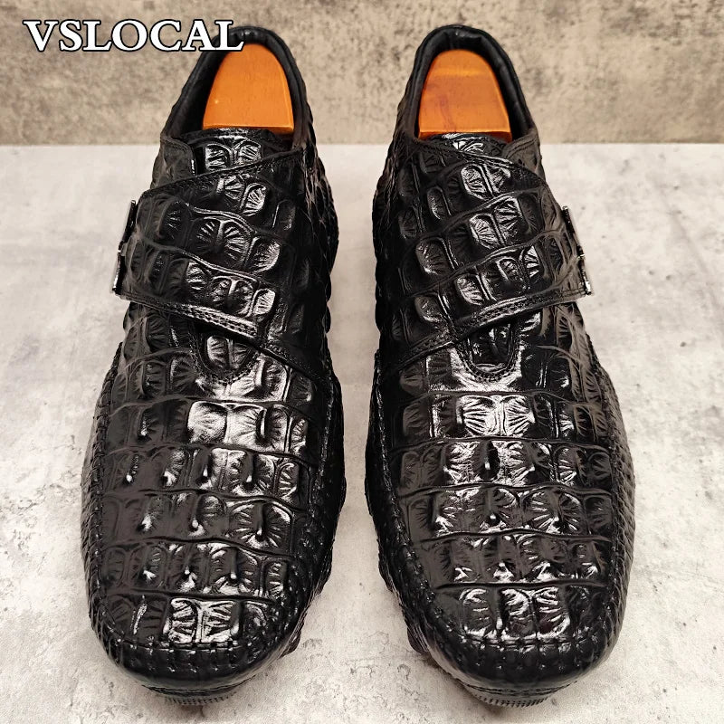Winter Men's Warm Shoes Croco Prints Formal Dress Mens Casual Shoes Black Real Leather Comfortable Monk Buckle Shoes Men