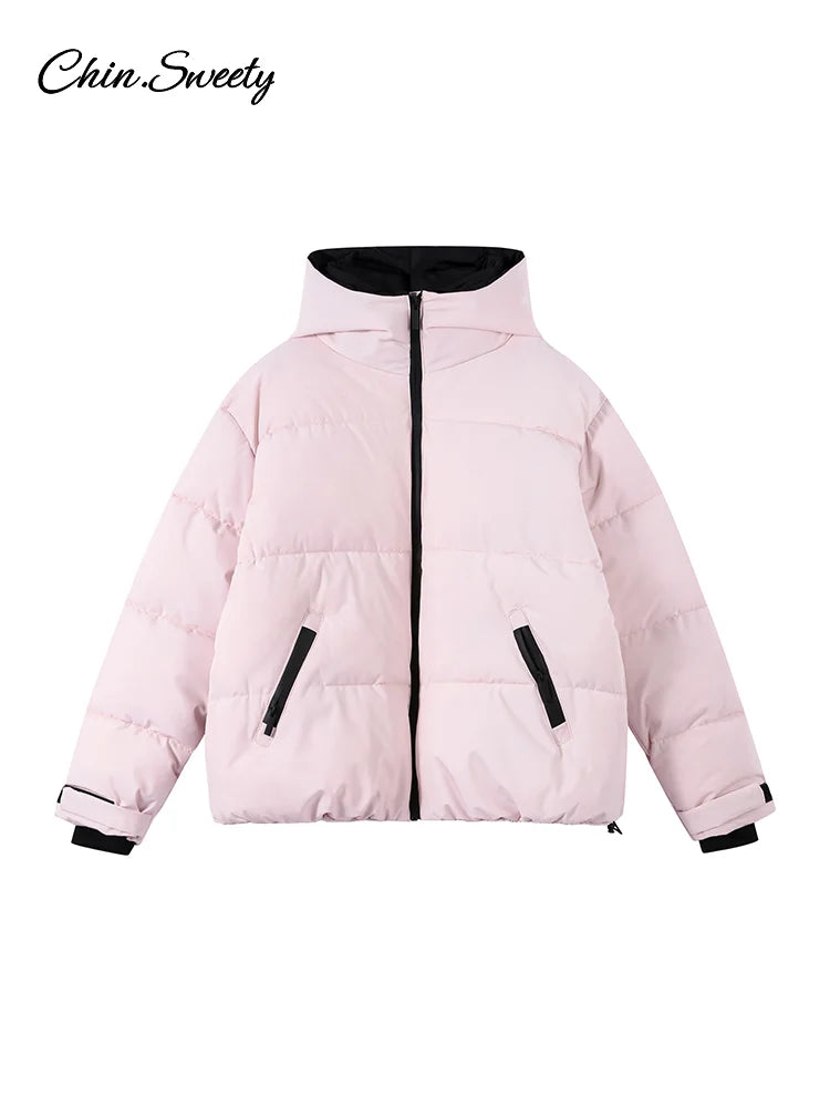 Fashion Pink Ski Suit Set Women Winter Hooded Zipper Pockets Padded Jacket Pants Suit Lady New Casual Holiday Warm Outwear 2026
