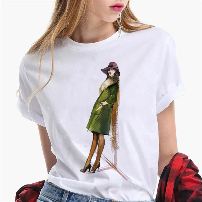 Paris Girl Europe and America Fashion Loose Ins White Short-sleeved T-shirt Woman Graphic T Shirts  Harajuku  Women Clothes