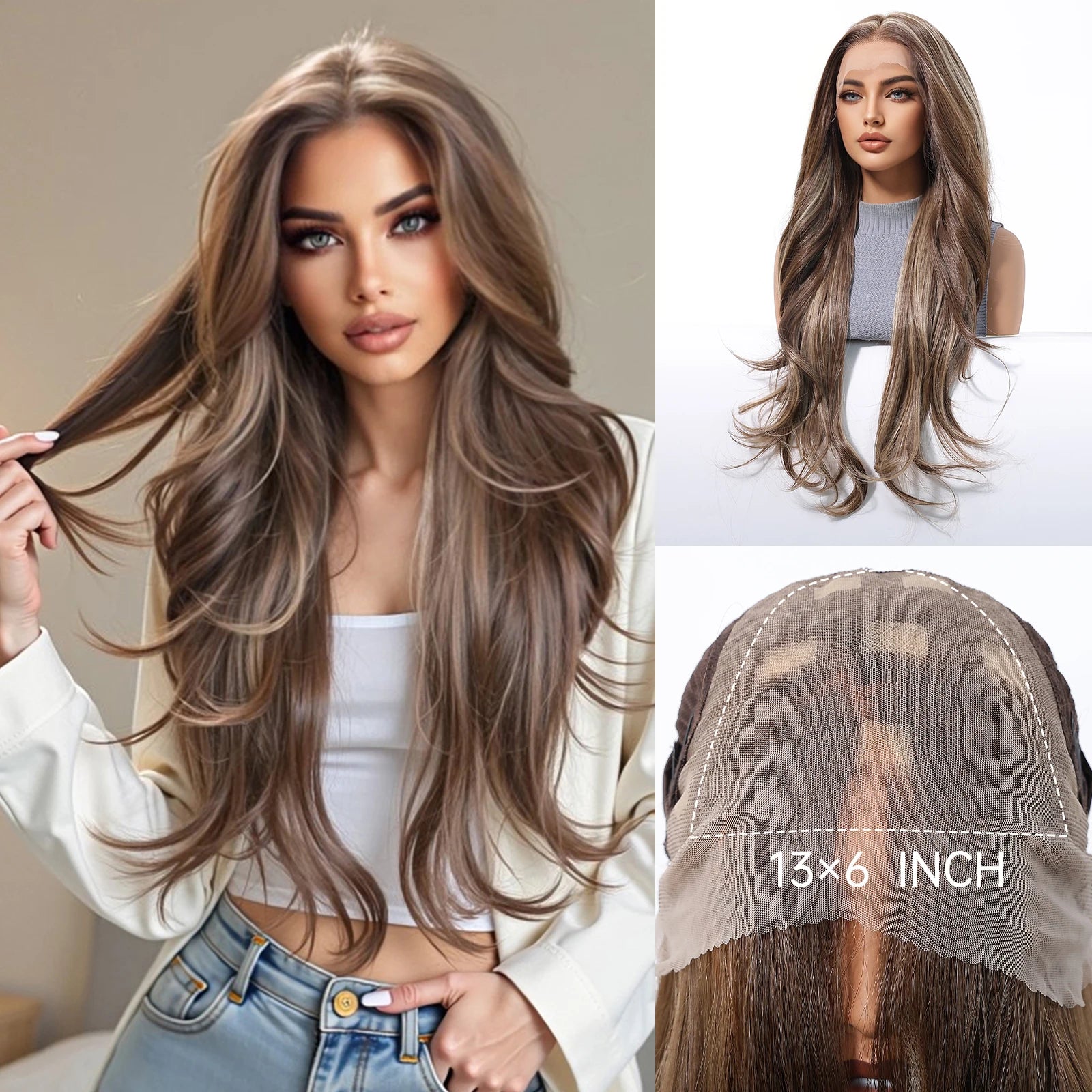 HENRY MARGU Brown Blonde Highlight Synthetic Wigs 13*6 Lace Front Long Wavy Fake Hair for Women Realistic Natural Wig Daily Use