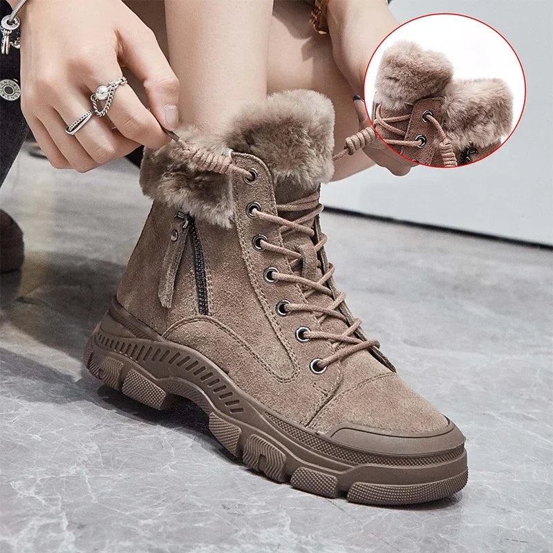 2026 Winter Shoes Women Snow Boots Thick Sole Warm Plush Cold Winter Shoes Genuine Leather Suede Women Ankle Boots