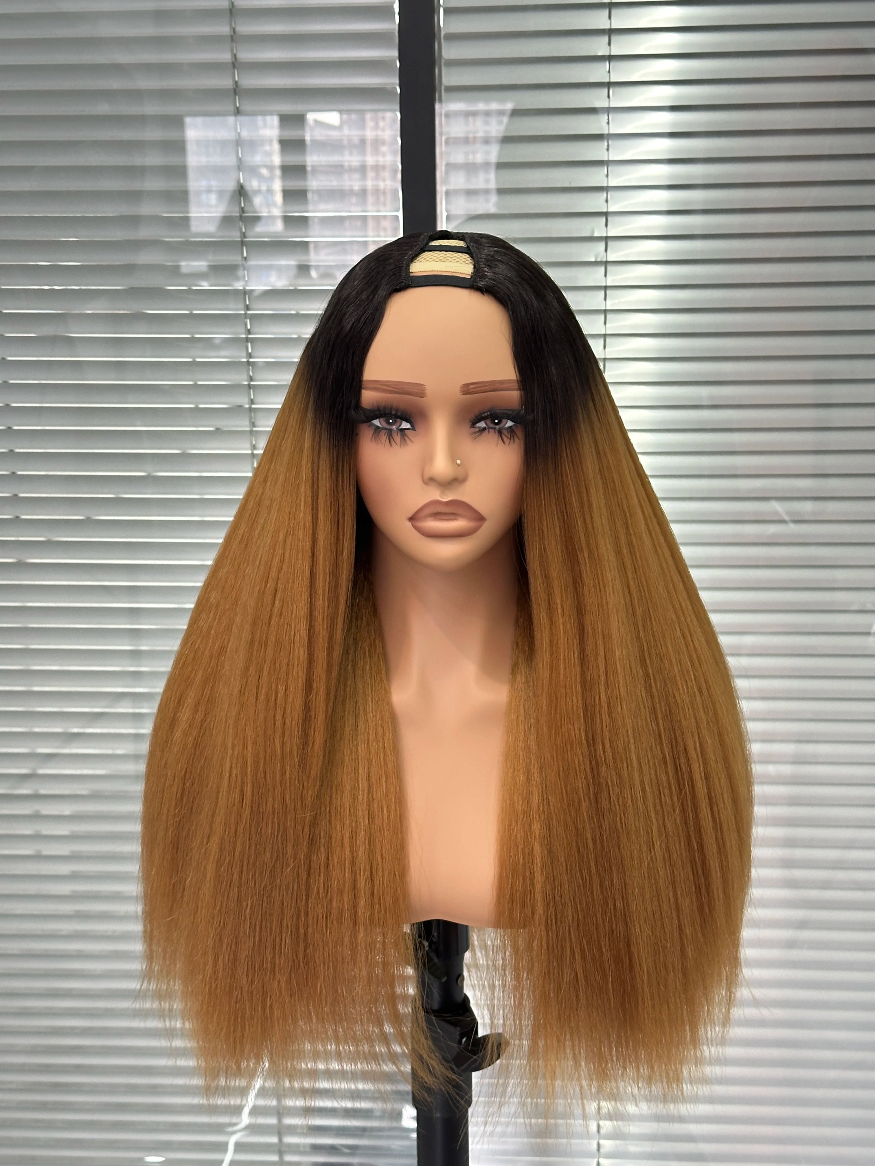 Afro Curly Yaki Wigs for Black WomenHeadband Kinky Straight Full Machine Synthetic Wigs Yaki Straight Glueless Clip in Vpart Wig