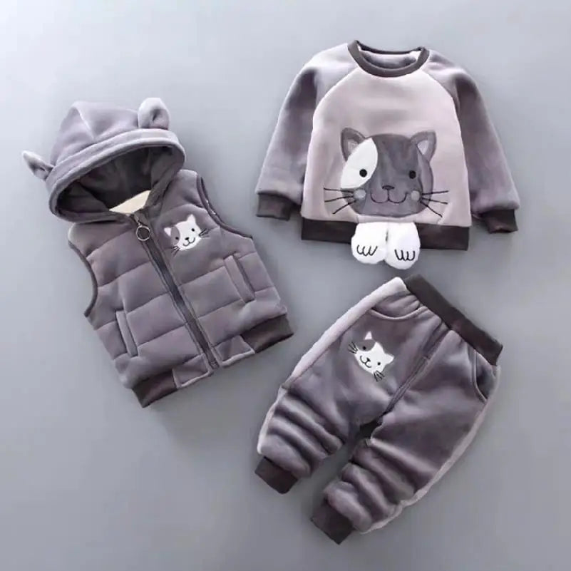 Baby Boy Suit 2026 Boys and girls Autumn Plush Thick Warm Casual Hooded Sweater Winter Cartoon Cute Bear Three-Piece Suit 0-4Y