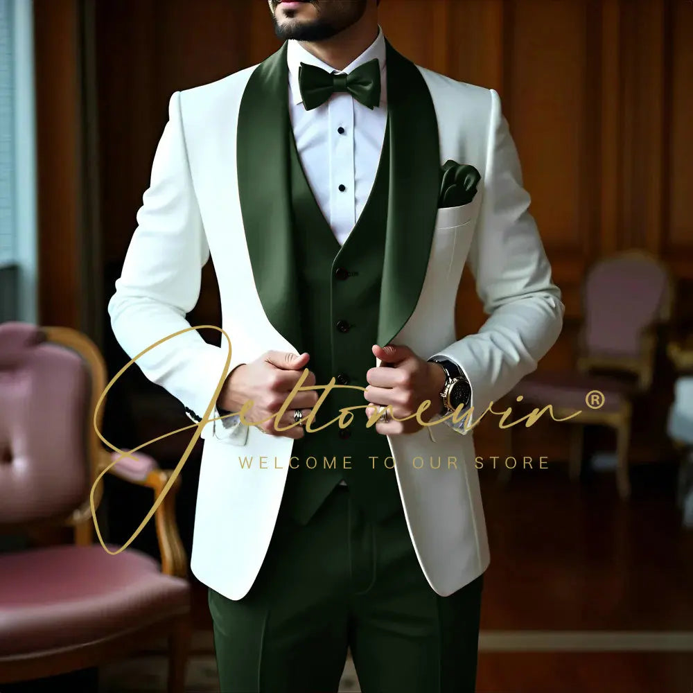 White 3 Pieces Men Suits Slim Fit Shawl Lapel Formal Best Man Wedding Groom Wear Blazer Sets Party Tuxedos Trajes De Hombre