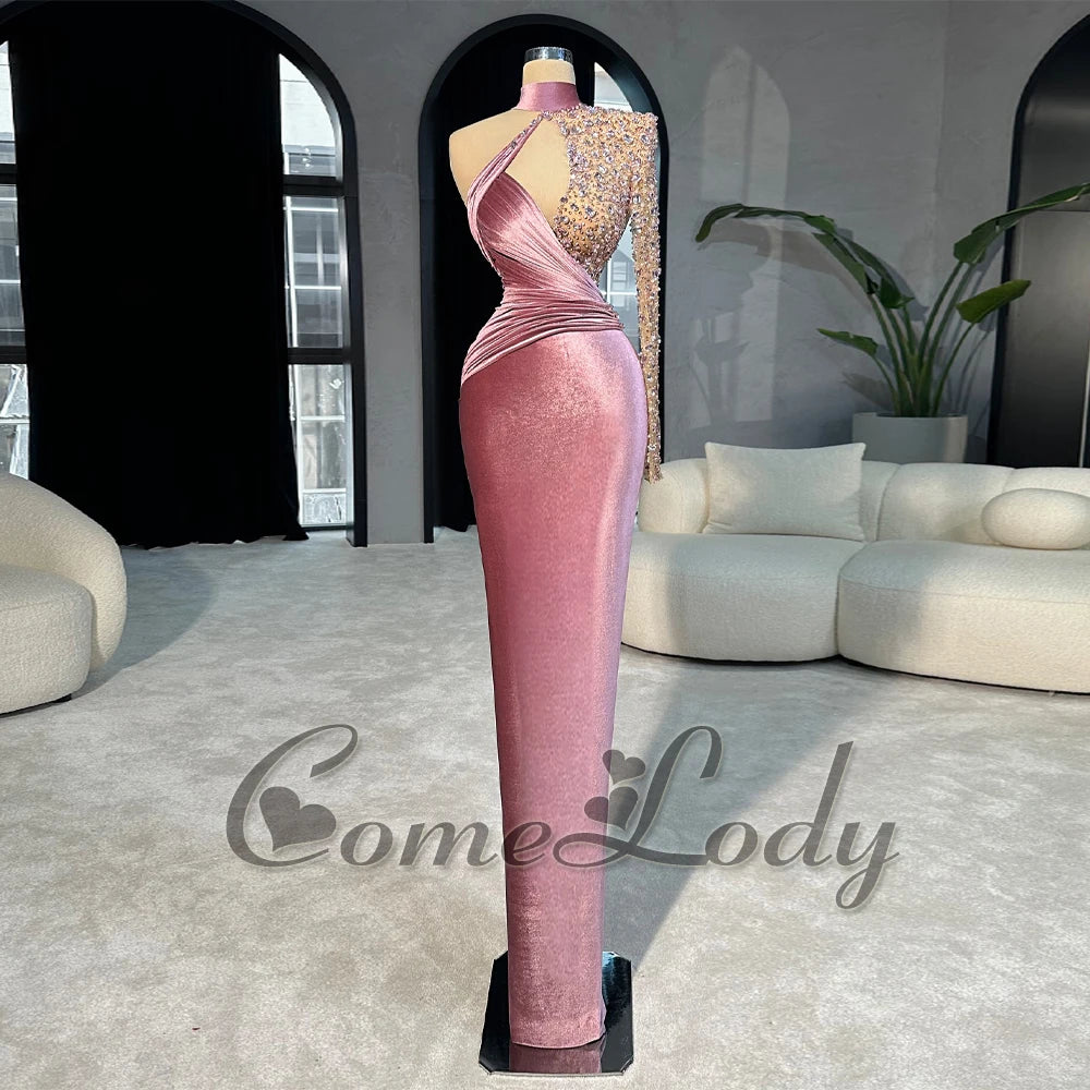 Comelody Chic Graduation Dresses High Neck One-Shoulder Rhinestones Pleat Novelty Woman Dress Vestidos De Gala Customized