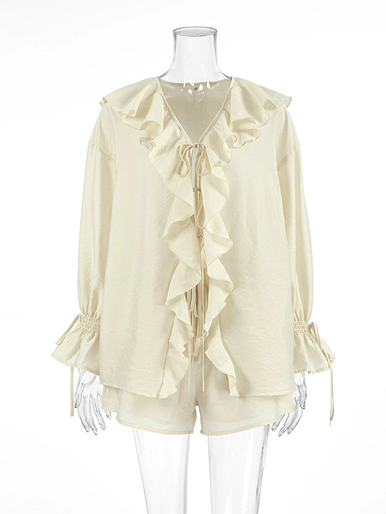 Casual Ruffled Shirt Shorts 2-Piece Set Women V Neck Flare Sleeve Lace-up Loose Blouse Shorts Suit Summer Beach Vacation Outfits