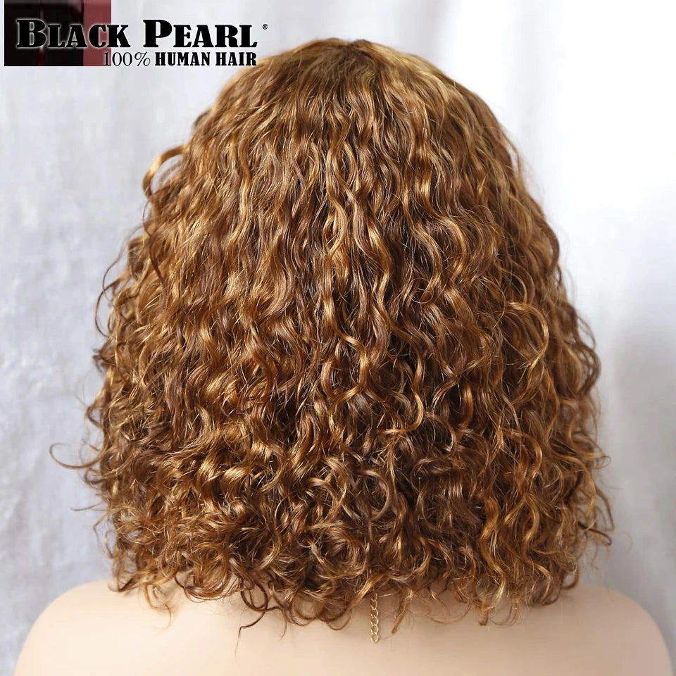 Human Hair Wigs with Bangs Curly Human Hair Wig Ombre Short Wigs Deep Curly Bob Wig with Bangs Highlight Blonde Glueless
