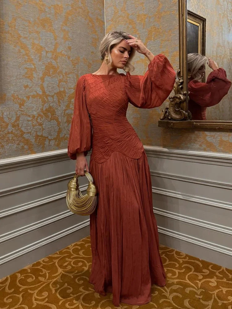 Elegant Pleated Long Lantern Sleeve Long Dress Women O-neck Folds Loose Holiday Beach Dresses 2025 Summer Commute Chic Vestidos