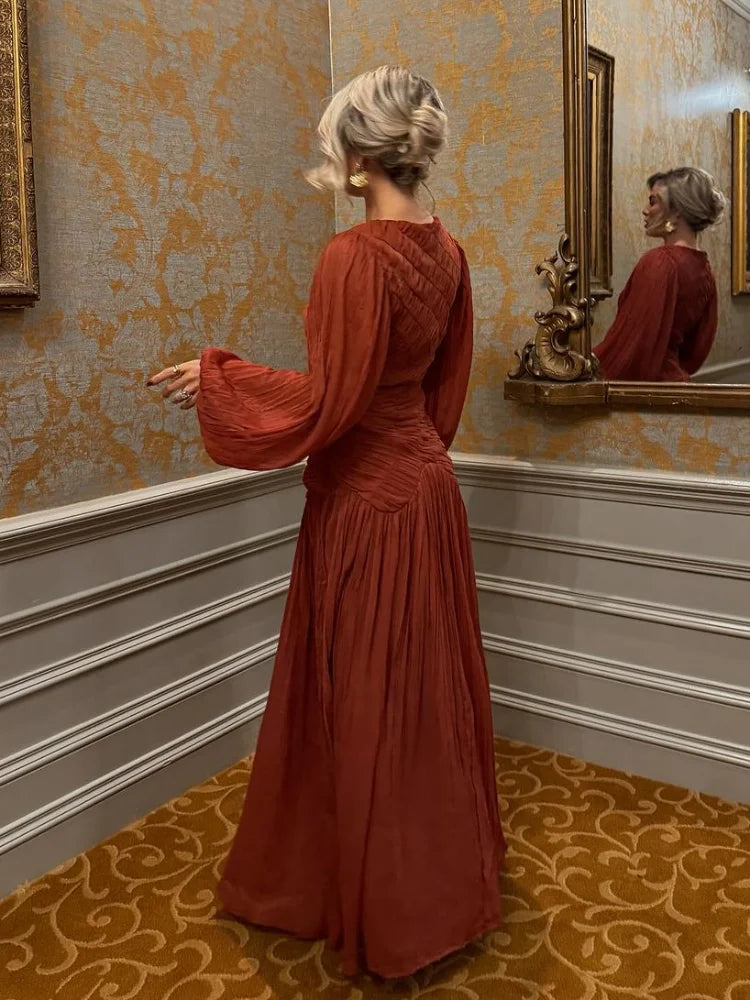 Elegant Pleated Long Lantern Sleeve Long Dress Women O-neck Folds Loose Holiday Beach Dresses 2025 Summer Commute Chic Vestidos